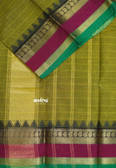 Olive Green- Karthigai silk cotton stripes in body with mango and temple skirt border
